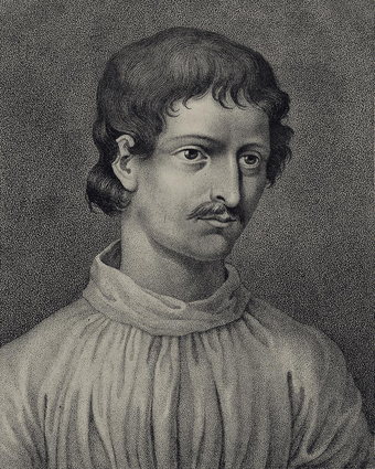 Ritratto inciso: volto di un uomo giovane, capelli lunghi, veste chiusa al collo.