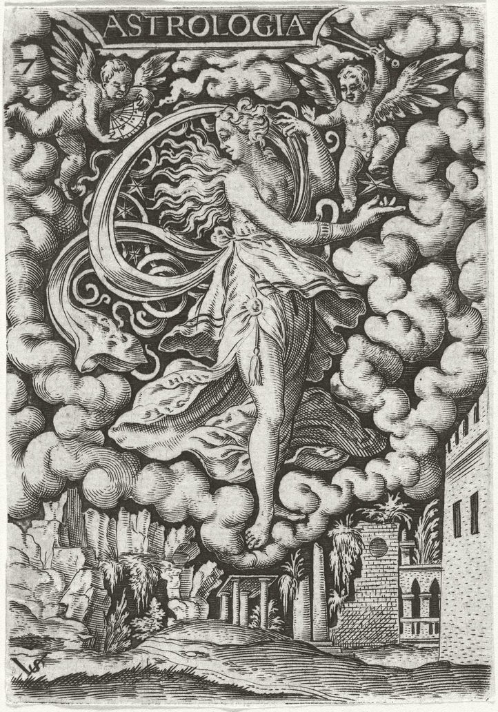 Incisione: una figura femminile sospesa fra le nuvole, i capelli sciolti, una grande falce stellata alle spalle; due putti alati le stanno accanto, uno regge una sfera graduata e l'altro un compasso aperto; in basso rovine e le mura di una città.